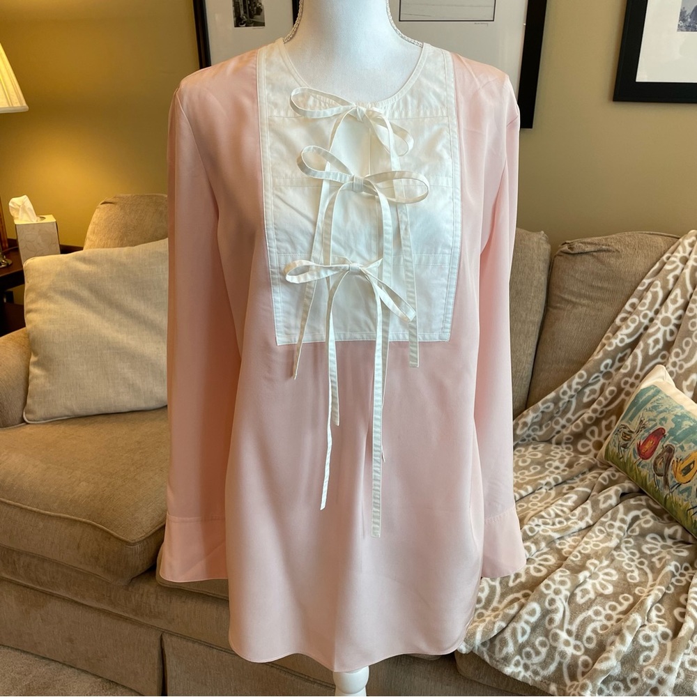 Tory Burch Pink White Silk Blouse Long Sleeve Tie Front Size 12